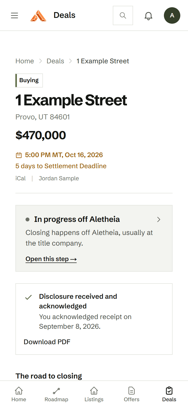 Avery's deal page at closing, every earlier step checked off