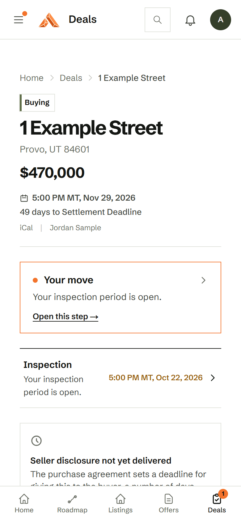 Avery's deal page during the inspection, with the road to closing