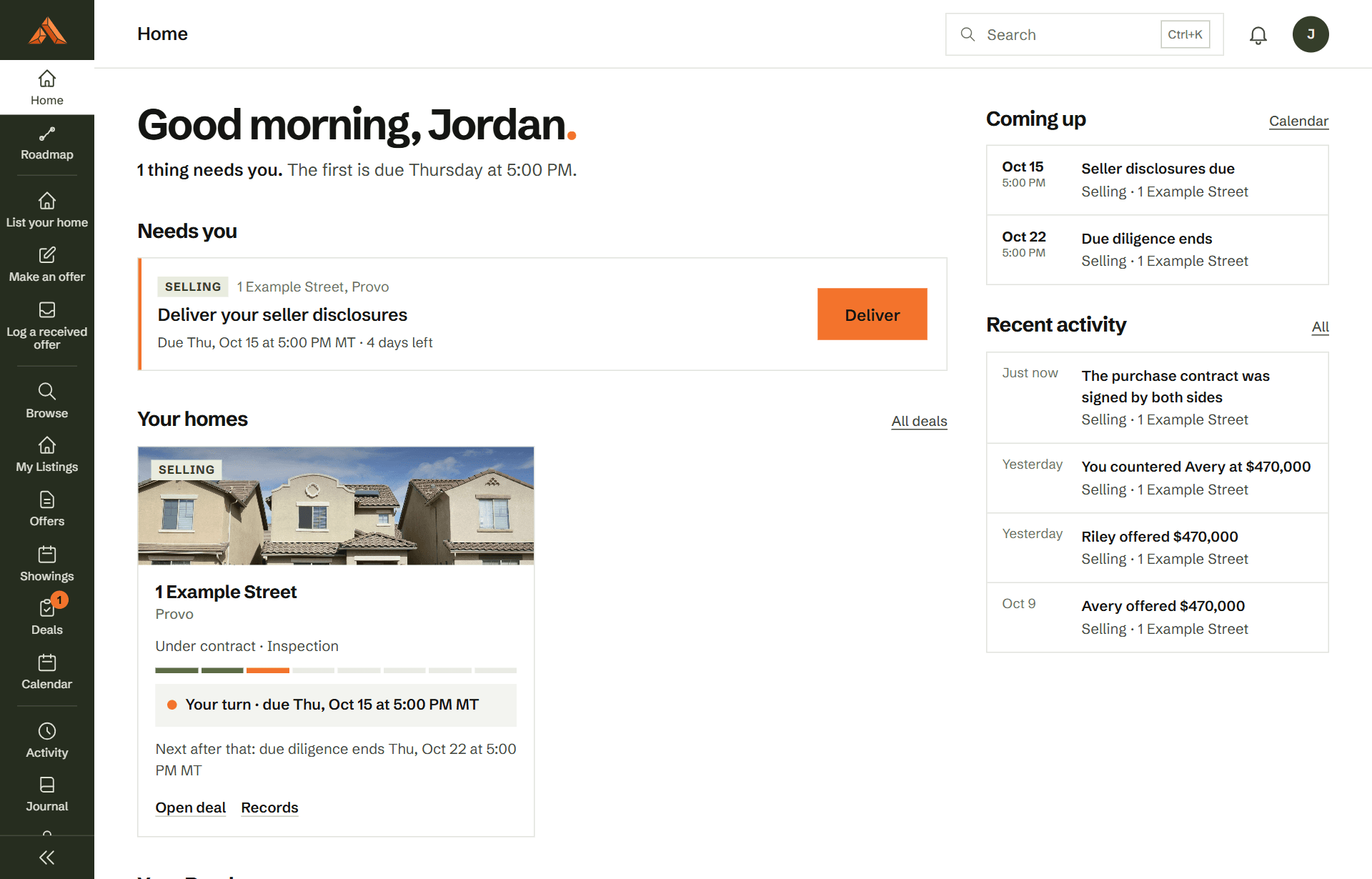 Jordan's home: one thing needs them, the seller disclosures, due Saturday at 5:00 PM