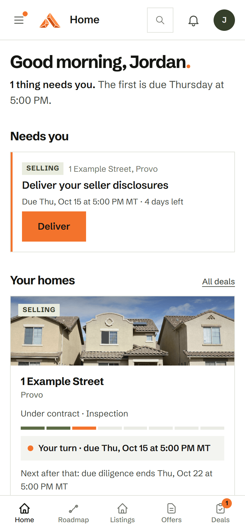 Jordan's home: one thing needs them, the seller disclosures, due Saturday at 5:00 PM