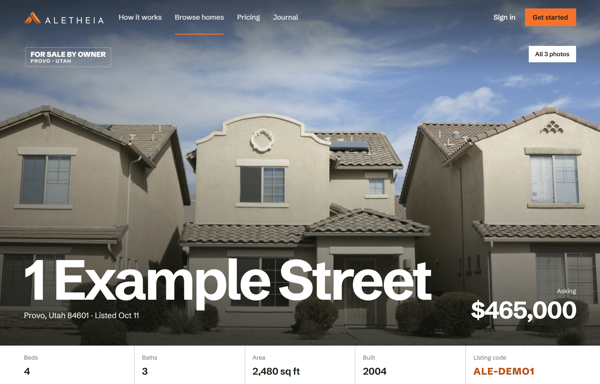 The listing for 1 Example Street: asking price, beds, baths, area, and Make an offer