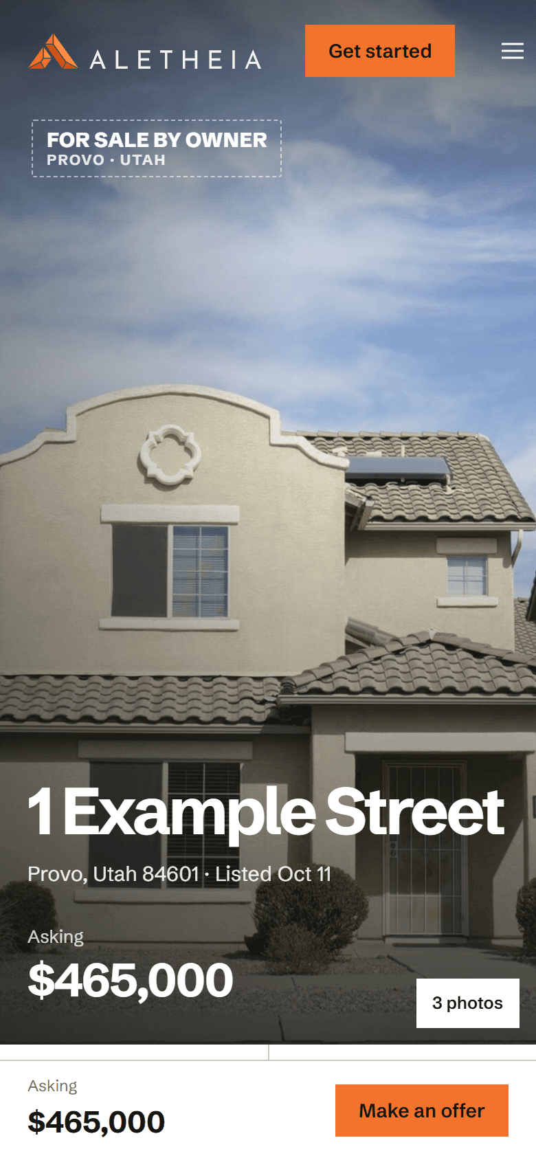 The listing for 1 Example Street: asking price, beds, baths, area, and Make an offer