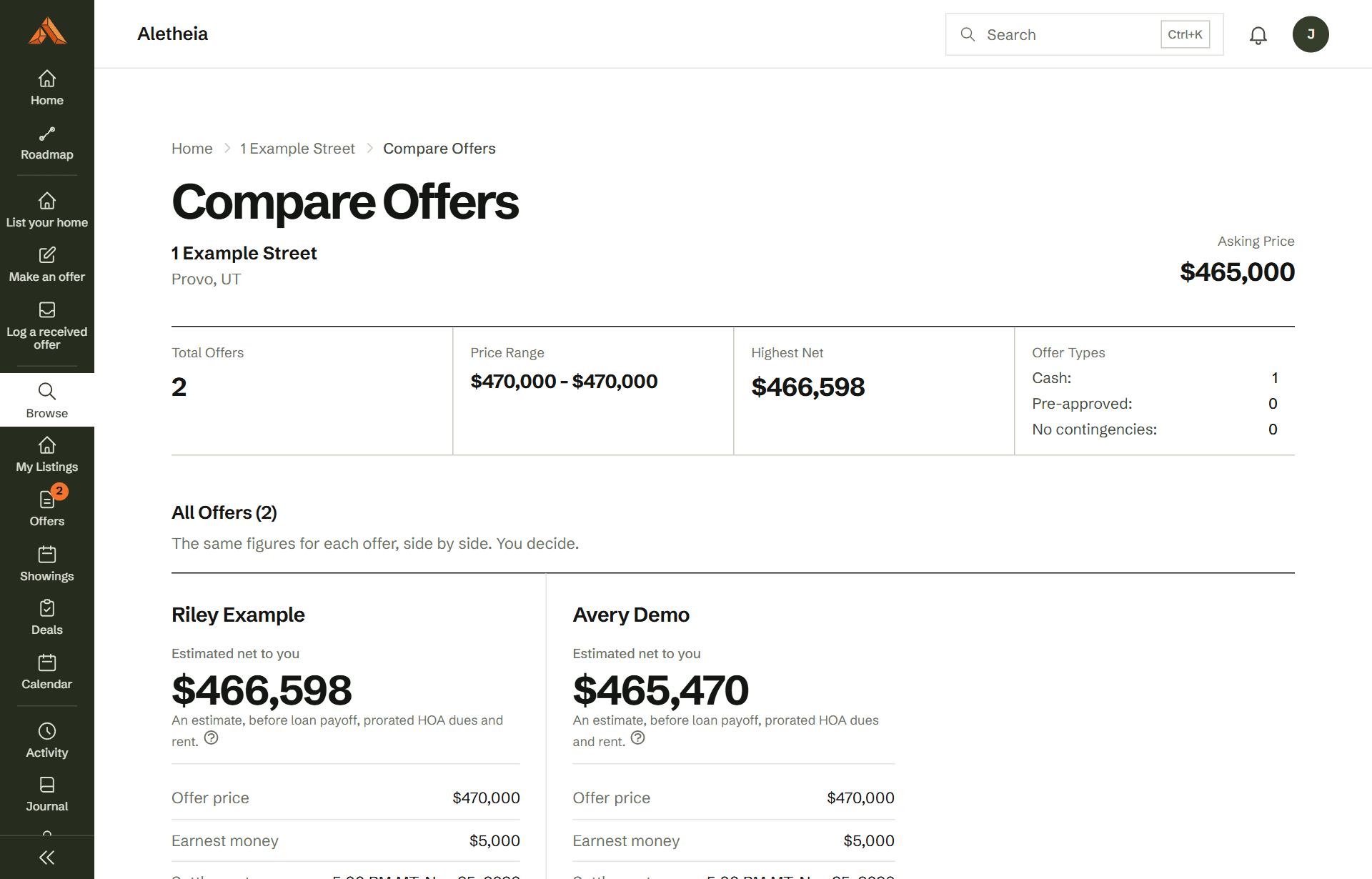 Compare offers: Riley's cash offer and Avery's financed offer, side by side
