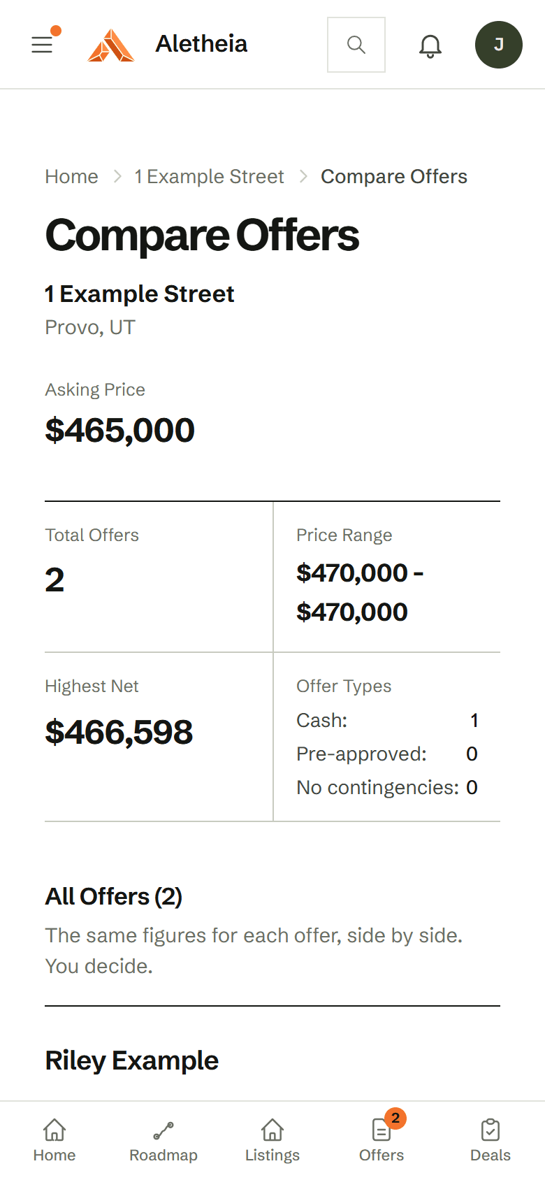 Compare offers: Riley's cash offer and Avery's financed offer, side by side