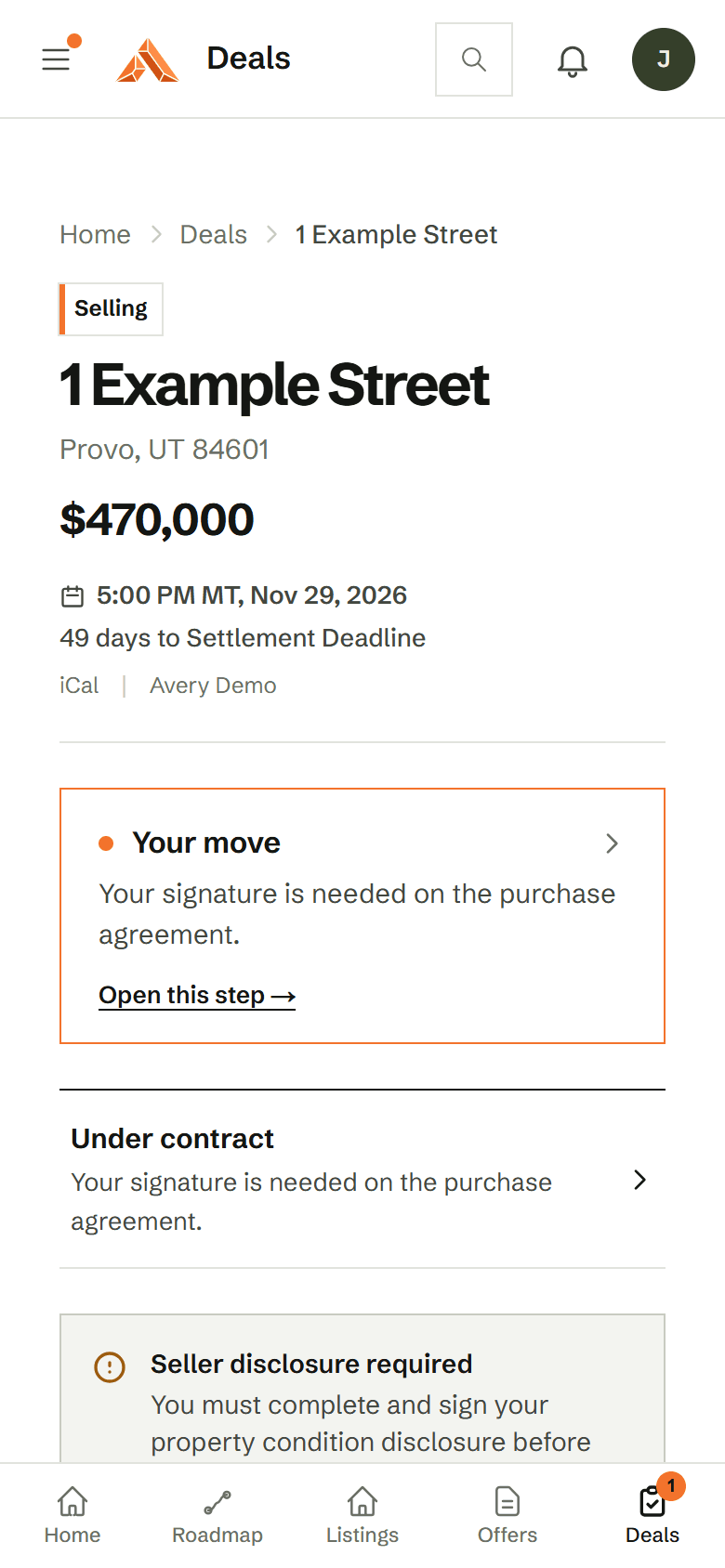 The deal page telling Jordan their signature is needed on the purchase agreement